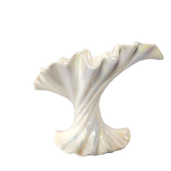 White Iridescent Flower Vase Signed Rush Low Swirl Ruffled Edge - Picture 2 of 5